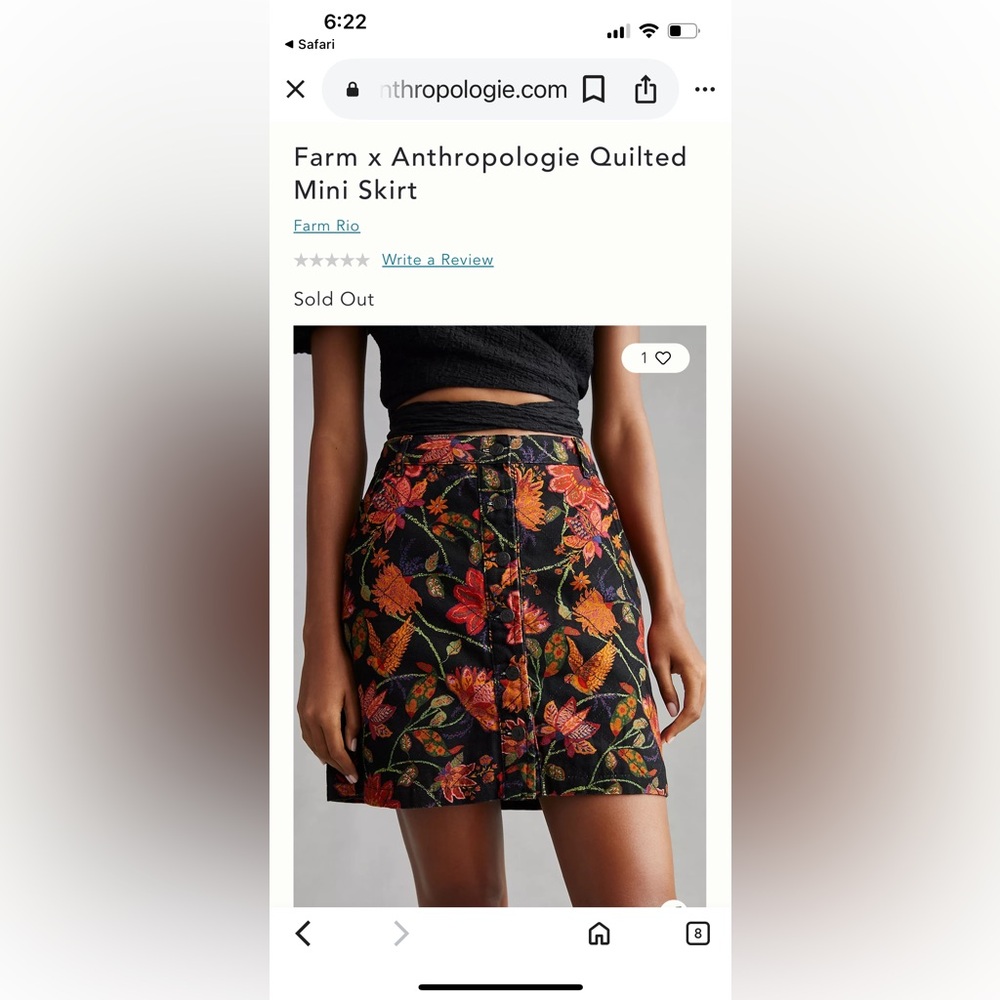 FARM for ANTHROPOLOGY Quilted Mini Skirt. Birds. Floral